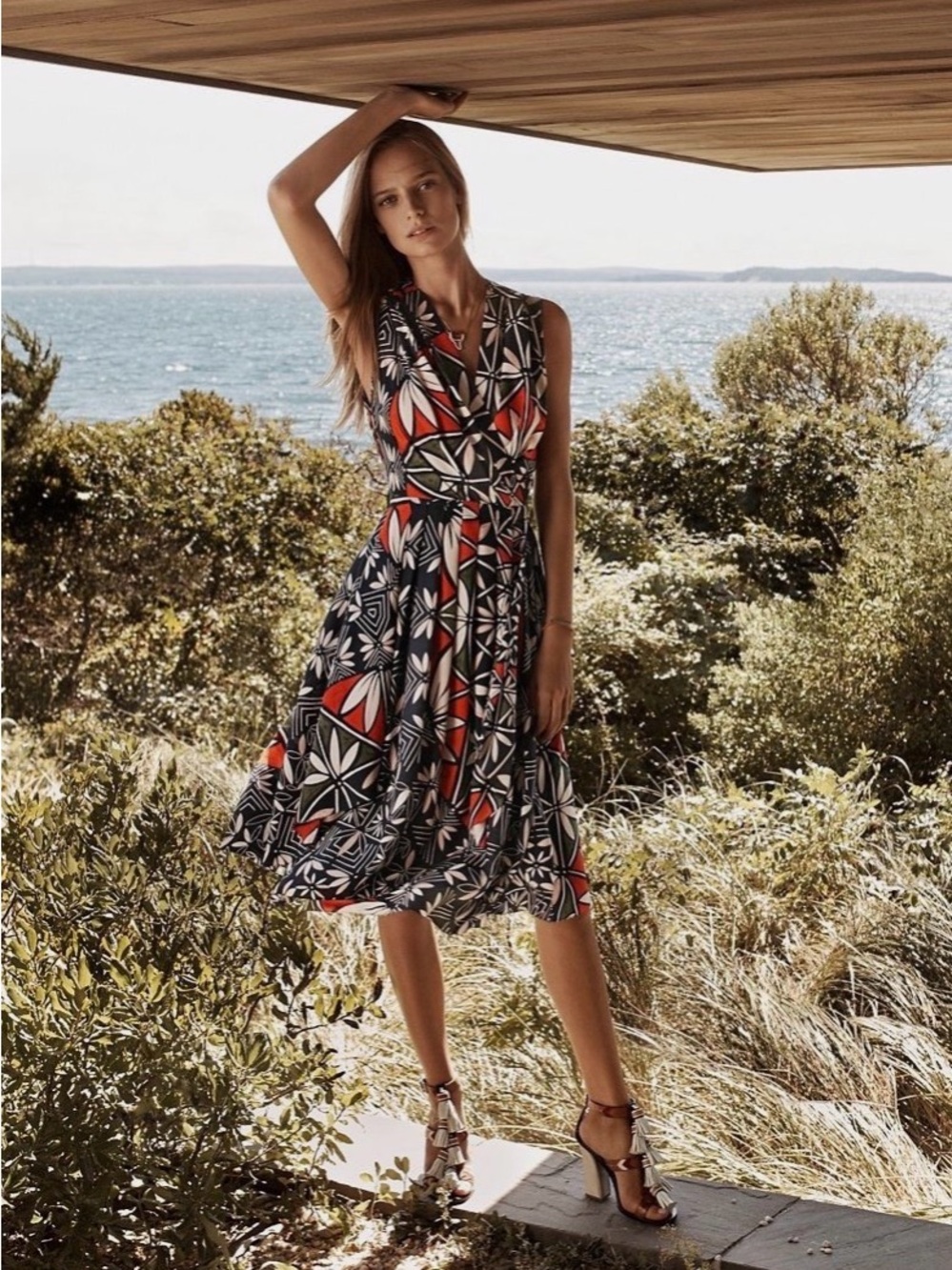 Tory Burch Sleeveless V-Neck Printed Fit & Flare Dress in Black and Red